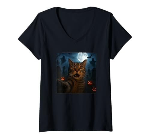Damen Halloween Cat Selfie T-Shirt mit V-Ausschnitt Damen Halloween Cat Selfie T-Shirt mit V-Ausschnitt von Halloween Cat Selfie