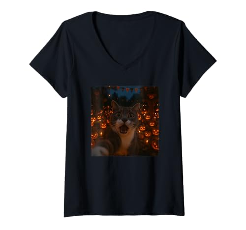 Damen Halloween Cat Selfie T-Shirt mit V-Ausschnitt Damen Halloween Cat Selfie T-Shirt mit V-Ausschnitt von Halloween Cat Selfie