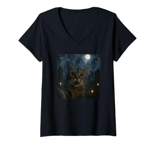 Damen Halloween Cat Selfie T-Shirt mit V-Ausschnitt Damen Halloween Cat Selfie T-Shirt mit V-Ausschnitt von Halloween Cat Selfie