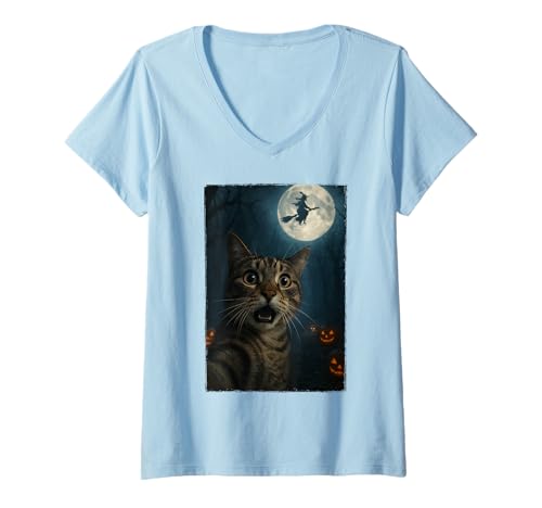 Damen Halloween Cat Selfie T-Shirt mit V-Ausschnitt Damen Halloween Cat Selfie T-Shirt mit V-Ausschnitt von Halloween Cat Selfie