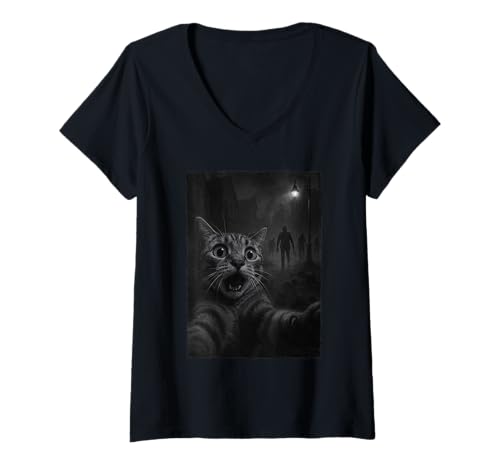 Damen Halloween Cat Selfie T-Shirt mit V-Ausschnitt Damen Halloween Cat Selfie T-Shirt mit V-Ausschnitt von Halloween Cat Selfie