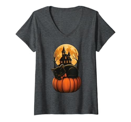 Damen Niedliche Schwarze Katze Kürbis Hexe Katze Herbst Halloween Katze T-Shirt mit V-Ausschnitt Damen Niedliche Schwarze Katze Kürbis Hexe Katze Herbst Halloween Katze T-Shirt mit V-Ausschnitt von Halloween Cat Shirts For Women - Black Cat Lovers