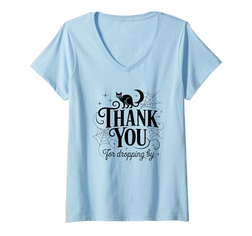 Damen Danke, DASS du bei Halloween Cat vorbeigeschaut hast T-Shirt mit V-Ausschnitt Damen Danke, DASS du bei Halloween Cat vorbeigeschaut hast T-Shirt mit V-Ausschnitt von Halloween Cat Spiderwebs Moon Stars Design