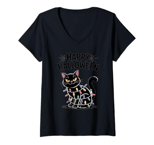 Damen Halloween-Katzen-Shirt, lustige Kätzchen, in Lichter gewickelt T-Shirt mit V-Ausschnitt Damen Halloween-Katzen-Shirt, lustige Kätzchen, in Lichter gewickelt T-Shirt mit V-Ausschnitt von Halloween Cat Tee Shirts for Light Lovers