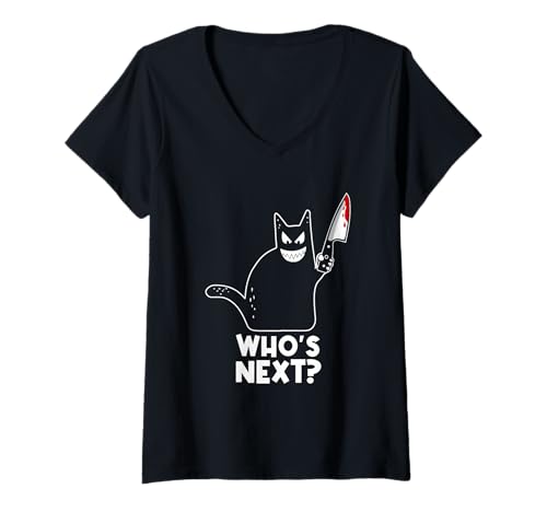 Damen Halloween-Katzenliebhaber Black Cat Who's Next T-Shirt mit V-Ausschnitt Damen Halloween-Katzenliebhaber Black Cat Who's Next T-Shirt mit V-Ausschnitt von Halloween Cat