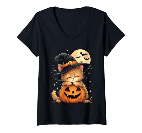 Damen Halloween Katze Hexenhut Kürbis Gruselig T-Shirt mit V-Ausschnitt Damen Halloween Katze Hexenhut Kürbis Gruselig T-Shirt mit V-Ausschnitt von Halloween Cats Pumpkins Bats Costumes Tees
