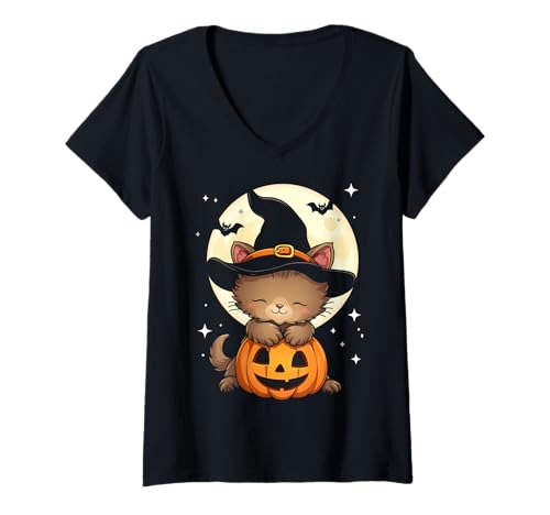 Damen Halloween Katze Hexenhut Kürbis Gruselig T-Shirt mit V-Ausschnitt Damen Halloween Katze Hexenhut Kürbis Gruselig T-Shirt mit V-Ausschnitt von Halloween Cats Pumpkins Bats Costumes Tees