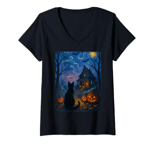 Damen Niedliche Katze, gruselige Sternennacht, Katzenliebhaber, Halloween, Männer und Frauen T-Shirt mit V-Ausschnitt Damen Niedliche Katze, gruselige Sternennacht, Katzenliebhaber, Halloween, Männer und Frauen T-Shirt mit V-Ausschnitt von Halloween Cats lover Funny Cute Cat Starry Night
