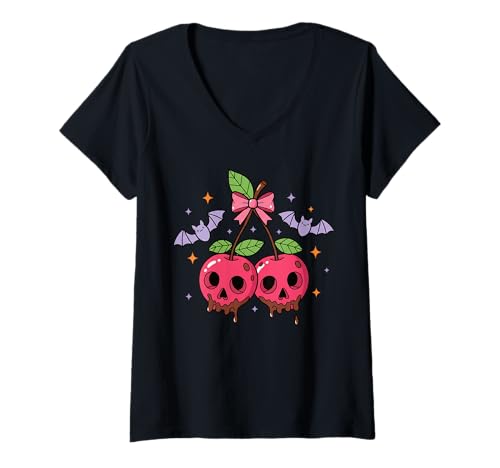 Damen Kawaii Halloween Kirschen Kokette Schleife Pastell Goth T-Shirt mit V-Ausschnitt Damen Kawaii Halloween Kirschen Kokette Schleife Pastell Goth T-Shirt mit V-Ausschnitt von Halloween Cherries Coquette Bows for Spooky Girls
