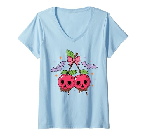 Damen Kawaii Halloween Kirschen Kokette Schleife Pastell Goth T-Shirt mit V-Ausschnitt Damen Kawaii Halloween Kirschen Kokette Schleife Pastell Goth T-Shirt mit V-Ausschnitt von Halloween Cherries Coquette Bows for Spooky Girls