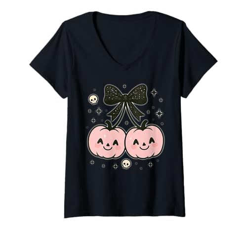 Damen Kawaii Kürbis-Kirschen Kokette Schleife Pastell Goth T-Shirt mit V-Ausschnitt Damen Kawaii Kürbis-Kirschen Kokette Schleife Pastell Goth T-Shirt mit V-Ausschnitt von Halloween Cherries Coquette Bows for Spooky Girls
