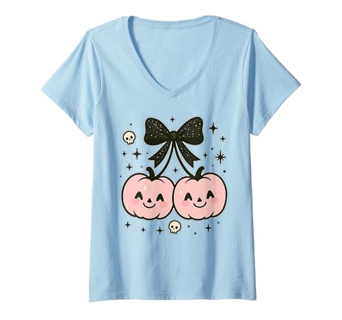 Damen Kawaii Kürbis-Kirschen Kokette Schleife Pastell Goth T-Shirt mit V-Ausschnitt Damen Kawaii Kürbis-Kirschen Kokette Schleife Pastell Goth T-Shirt mit V-Ausschnitt von Halloween Cherries Coquette Bows for Spooky Girls