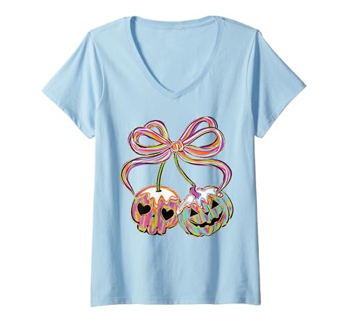Damen Kokette Halloween Kürbis Kirschen Totenkopf Schleife Retro T-Shirt mit V-Ausschnitt Damen Kokette Halloween Kürbis Kirschen Totenkopf Schleife Retro T-Shirt mit V-Ausschnitt von Halloween Cherries Coquette Bows for Spooky Girls
