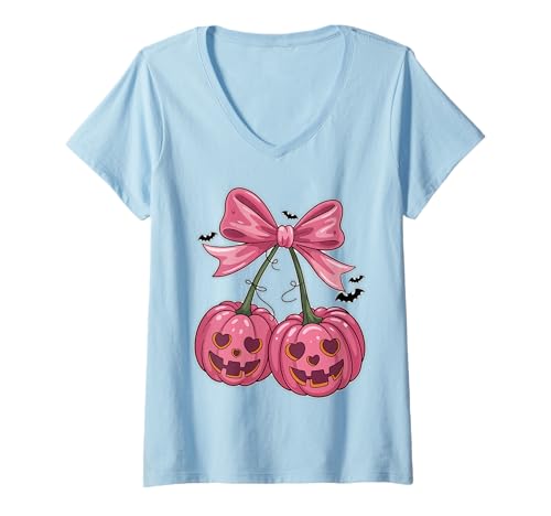 Damen Kokette Kürbis-Kirschen Rosa Schleife Retro Halloween T-Shirt mit V-Ausschnitt Damen Kokette Kürbis-Kirschen Rosa Schleife Retro Halloween T-Shirt mit V-Ausschnitt von Halloween Cherries Coquette Bows for Spooky Girls