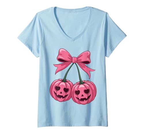 Damen Kokette Kürbis-Kirschen Rosa Schleife Retro Halloween T-Shirt mit V-Ausschnitt Damen Kokette Kürbis-Kirschen Rosa Schleife Retro Halloween T-Shirt mit V-Ausschnitt von Halloween Cherries Coquette Bows for Spooky Girls