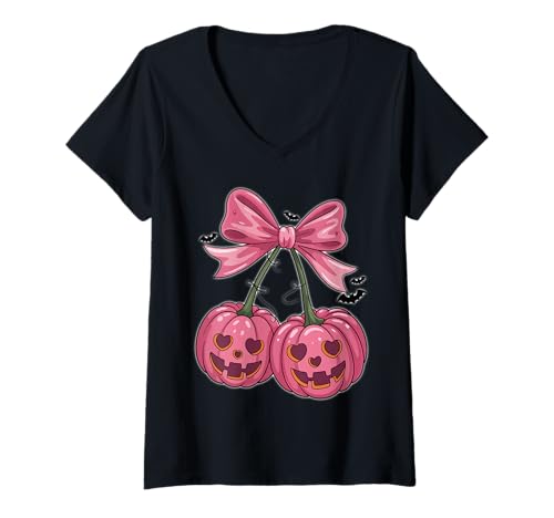 Damen Kokette Kürbis-Kirschen Rosa Schleife Retro Halloween T-Shirt mit V-Ausschnitt Damen Kokette Kürbis-Kirschen Rosa Schleife Retro Halloween T-Shirt mit V-Ausschnitt von Halloween Cherries Coquette Bows for Spooky Girls