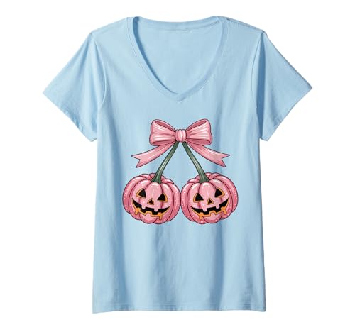 Damen Kokette Kürbis-Kirschen Rosa Schleife Retro Halloween T-Shirt mit V-Ausschnitt Damen Kokette Kürbis-Kirschen Rosa Schleife Retro Halloween T-Shirt mit V-Ausschnitt von Halloween Cherries Coquette Bows for Spooky Girls