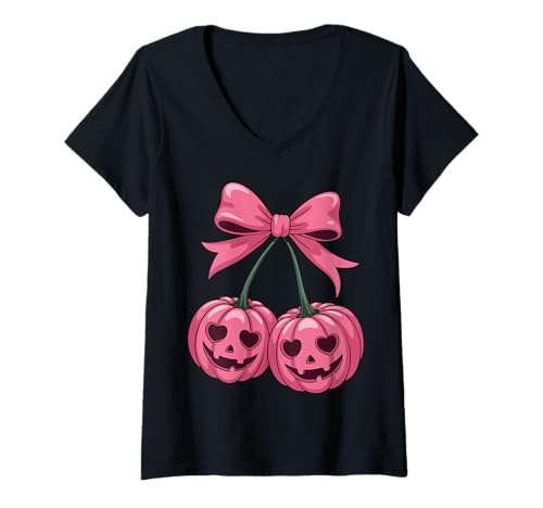 Damen Kokette Kürbis-Kirschen Rosa Schleife Retro Halloween T-Shirt mit V-Ausschnitt Damen Kokette Kürbis-Kirschen Rosa Schleife Retro Halloween T-Shirt mit V-Ausschnitt von Halloween Cherries Coquette Bows for Spooky Girls