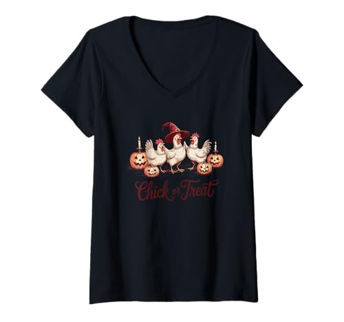 Damen Chick Or Treat Halloween Whimsy T-Shirt mit V-Ausschnitt Damen Chick Or Treat Halloween Whimsy T-Shirt mit V-Ausschnitt von Halloween Chicken Pumpkin Humor Fest
