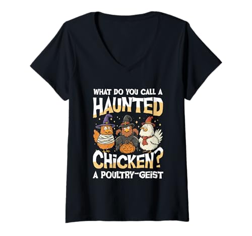 Damen Wie nennt Man EIN Spukhuhn einen Geflügelgeist T-Shirt mit V-Ausschnitt Damen Wie nennt Man EIN Spukhuhn einen Geflügelgeist T-Shirt mit V-Ausschnitt von Halloween Chicken Pun Poultry Ghost Humor