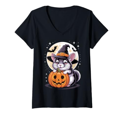 Damen Halloween Chinchilla Hexenhut Kürbis Gruselig T-Shirt mit V-Ausschnitt von Halloween Chinchilla Bats Pumpkins Costumes Tees