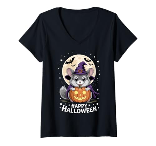Damen Halloween Chinchilla Hexenhut Kürbis Gruselig T-Shirt mit V-Ausschnitt von Halloween Chinchilla Bats Pumpkins Costumes