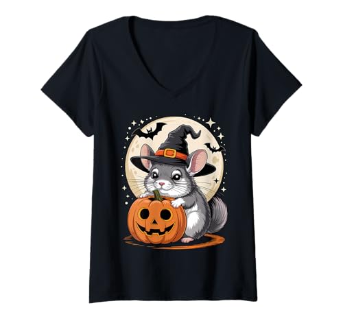 Damen Halloween Chinchilla Hexenhut Kürbis Gruselig T-Shirt mit V-Ausschnitt Damen Halloween Chinchilla Hexenhut Kürbis Gruselig T-Shirt mit V-Ausschnitt von Halloween Chinchilla Bats Pumpkins Tees & Costumes