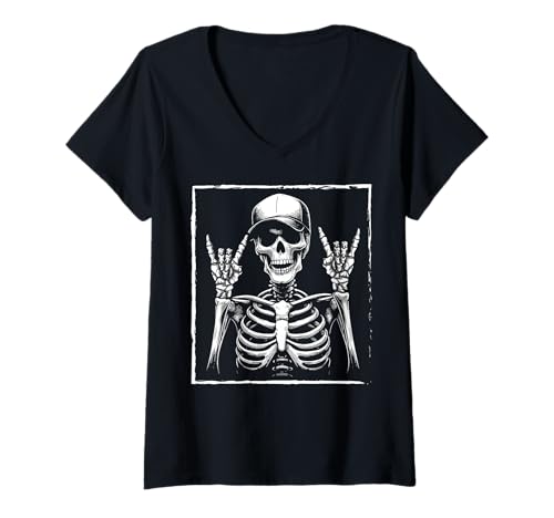 Damen Halloween-Skelett T-Shirt mit V-Ausschnitt von Halloween Clothing & Costumes