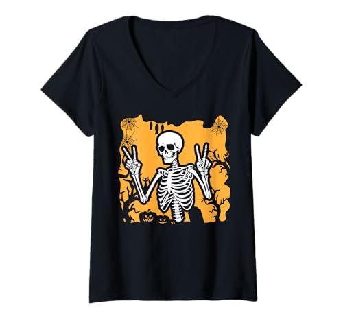 Damen Halloween-Skelett T-Shirt mit V-Ausschnitt von Halloween Clothing & Costumes