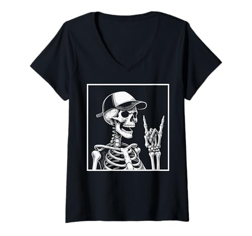 Damen Halloween-Skelett T-Shirt mit V-Ausschnitt von Halloween Clothing & Costumes