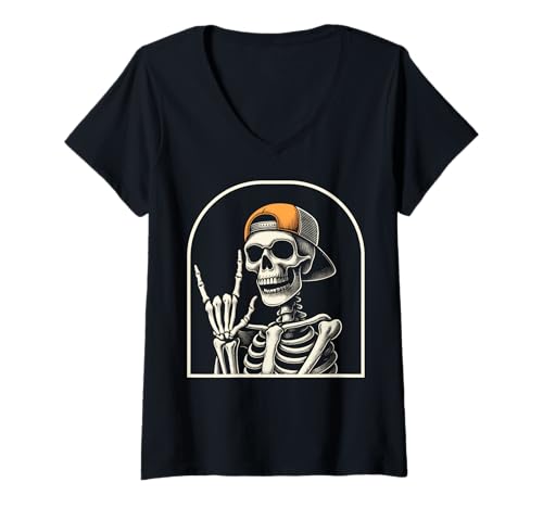 Damen Halloween-Skelett T-Shirt mit V-Ausschnitt von Halloween Clothing & Costumes