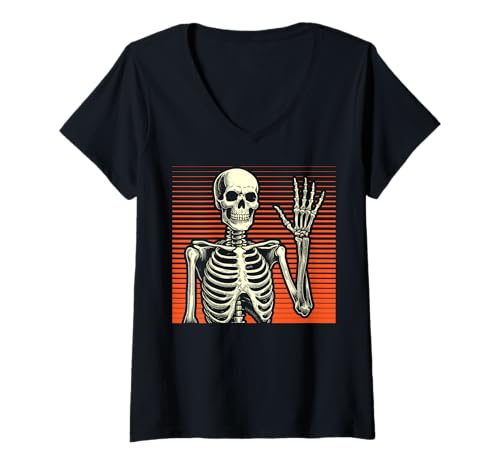 Damen Halloween-Skelett T-Shirt mit V-Ausschnitt von Halloween Clothing & Costumes