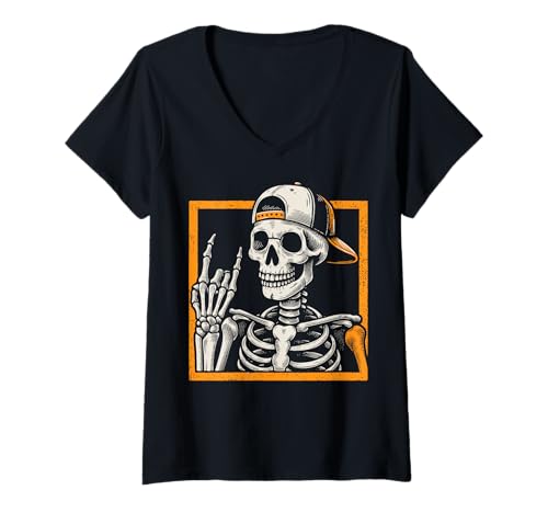 Damen Halloween-Skelett T-Shirt mit V-Ausschnitt von Halloween Clothing & Costumes