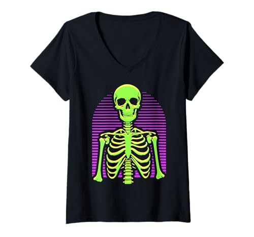 Damen Halloween-Skelett T-Shirt mit V-Ausschnitt von Halloween Clothing & Costumes