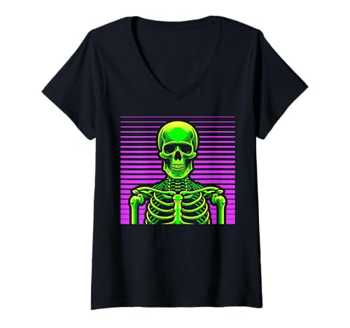 Damen Halloween-Skelett T-Shirt mit V-Ausschnitt von Halloween Clothing & Costumes