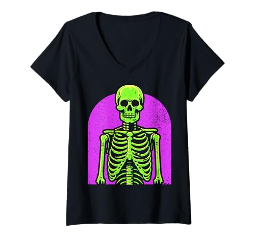 Damen Halloween-Skelett T-Shirt mit V-Ausschnitt von Halloween Clothing & Costumes