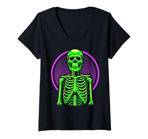Damen Halloween-Skelett T-Shirt mit V-Ausschnitt von Halloween Clothing & Costumes