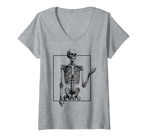 Damen Halloween-Skelett T-Shirt mit V-Ausschnitt von Halloween Clothing & Costumes