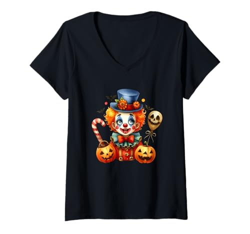 Damen Halloween Clown Freude mit Kürbissen T-Shirt mit V-Ausschnitt Damen Halloween Clown Freude mit Kürbissen T-Shirt mit V-Ausschnitt von Halloween Clown Pumpkin Candy Fun