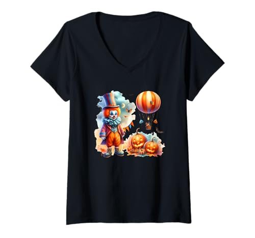 Damen Gruseliger Clown Halloween Kürbisse Ballon T-Shirt mit V-Ausschnitt Damen Gruseliger Clown Halloween Kürbisse Ballon T-Shirt mit V-Ausschnitt von Halloween Clown Pumpkin Festive Spooky Fun