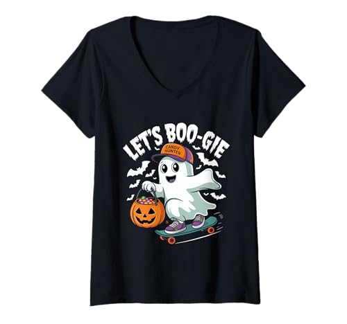 Damen Halloween Lets Boogie Funny Ghost Gruselig T-Shirt mit V-Ausschnitt Damen Halloween Lets Boogie Funny Ghost Gruselig T-Shirt mit V-Ausschnitt von Halloween Co