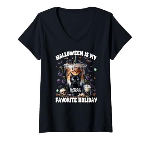 Damen Black Cat Halloween is My Favorite Holiday Coffee Cat Mom T-Shirt mit V-Ausschnitt Damen Black Cat Halloween is My Favorite Holiday Coffee Cat Mom T-Shirt mit V-Ausschnitt von Halloween Coffee Cups Gifts For Coffee Lovers