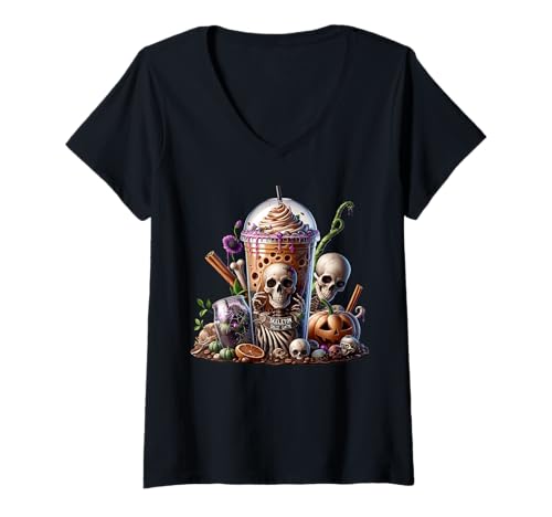 Damen Coffee Halloween Graphic for Women and Men Skeleton Lovers T-Shirt mit V-Ausschnitt von Halloween Coffee Cups Gifts For Coffee Lovers