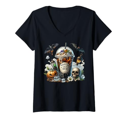 Damen Coffee Lover Graphic for Mom & Dad Spooky Coffee Halloween T-Shirt mit V-Ausschnitt Damen Coffee Lover Graphic for Mom & Dad Spooky Coffee Halloween T-Shirt mit V-Ausschnitt von Halloween Coffee Cups Gifts For Coffee Lovers