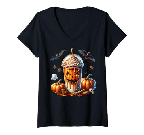 Damen Creepy Pumpkin Spice Halloween Coffee Cup for Coffee Mom T-Shirt mit V-Ausschnitt Damen Creepy Pumpkin Spice Halloween Coffee Cup for Coffee Mom T-Shirt mit V-Ausschnitt von Halloween Coffee Cups Gifts For Coffee Lovers