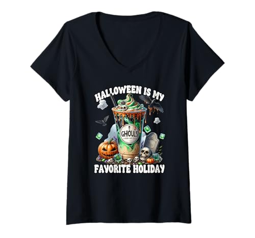 Damen Ghouls Iced Coffee Cup Halloween is My Favorite Holiday T-Shirt mit V-Ausschnitt Damen Ghouls Iced Coffee Cup Halloween is My Favorite Holiday T-Shirt mit V-Ausschnitt von Halloween Coffee Cups Gifts For Coffee Lovers
