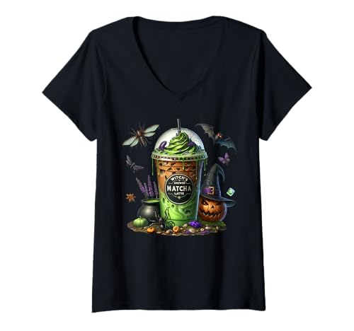 Damen Green Matcha Latte Cup for Fall & Halloween Mom Witch Coffee T-Shirt mit V-Ausschnitt Damen Green Matcha Latte Cup for Fall & Halloween Mom Witch Coffee T-Shirt mit V-Ausschnitt von Halloween Coffee Cups Gifts For Coffee Lovers