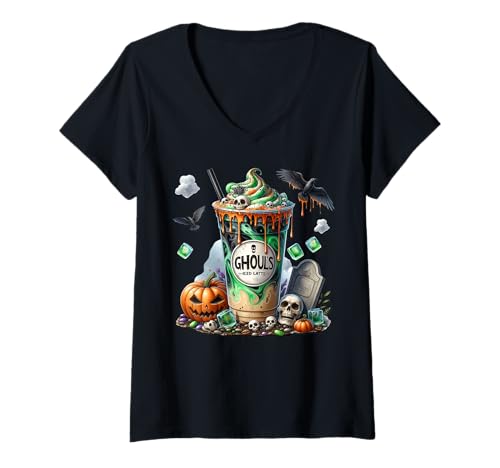 Damen Halloween Barista Accessories with Coffee Mug for Iced Latte T-Shirt mit V-Ausschnitt Damen Halloween Barista Accessories with Coffee Mug for Iced Latte T-Shirt mit V-Ausschnitt von Halloween Coffee Cups Gifts For Coffee Lovers