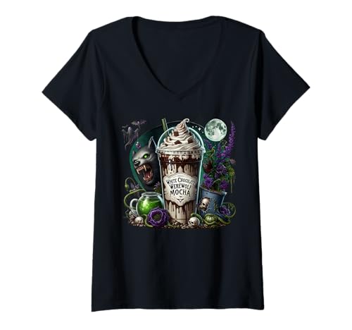 Damen Halloween Coffee Graphic for Women and Men Creepy Werewolf T-Shirt mit V-Ausschnitt Damen Halloween Coffee Graphic for Women and Men Creepy Werewolf T-Shirt mit V-Ausschnitt von Halloween Coffee Cups Gifts For Coffee Lovers