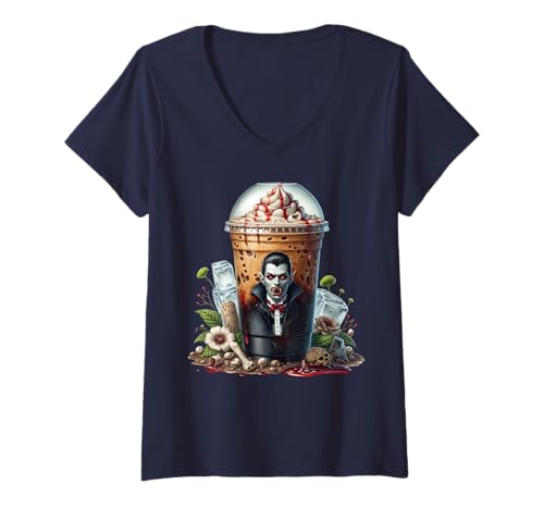 Damen Halloween Coffee Graphic for Women and Men Spooky Vampire T-Shirt mit V-Ausschnitt Damen Halloween Coffee Graphic for Women and Men Spooky Vampire T-Shirt mit V-Ausschnitt von Halloween Coffee Cups Gifts For Coffee Lovers